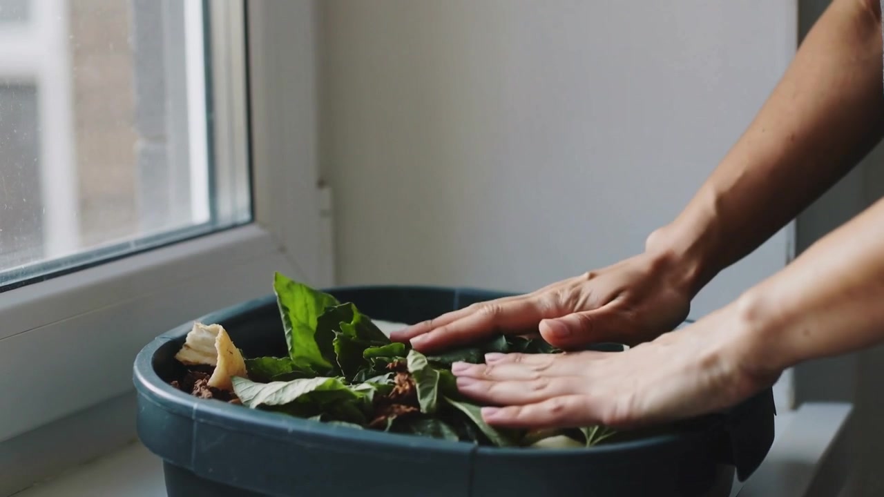 Adding hands in dark shirt pressing leafy greens into compost bin on windowsill, compacting scraps