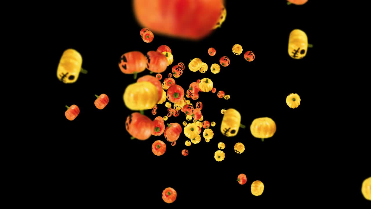 흑색 배경에 많은 오렌지색과 노란색 호박을 날아다니며, 미소와 함께 만화 얼굴, 할로윈 휴가에 대한 3d 애니메이션, 루프 애니메이션.