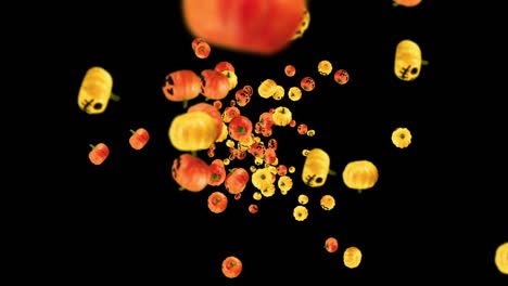 volando muchas calabazas naranjas y amarillas sobre fondo negro. caricaturas caras con sonrisa. animación 3d para el halloween de vacaciones. animación de bucle.