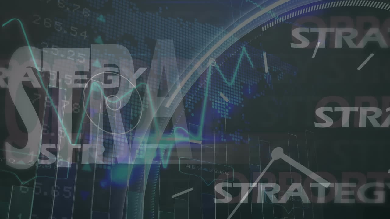 전략 텍스트 배너의 애니메이션, 시계, 통계 및 주식 시장 데이터 처리