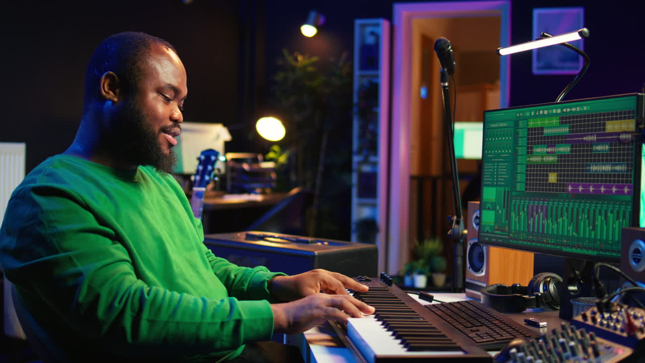 productor moderno tocando teclas de piano para grabar una nueva banda sonora