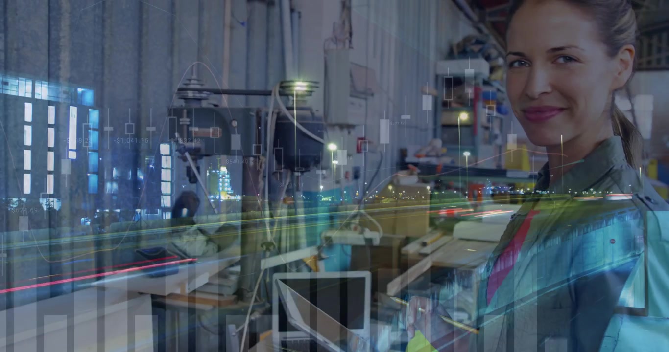 Animation of financial data processing over caucasian businesswoman using tablet and cityscape
