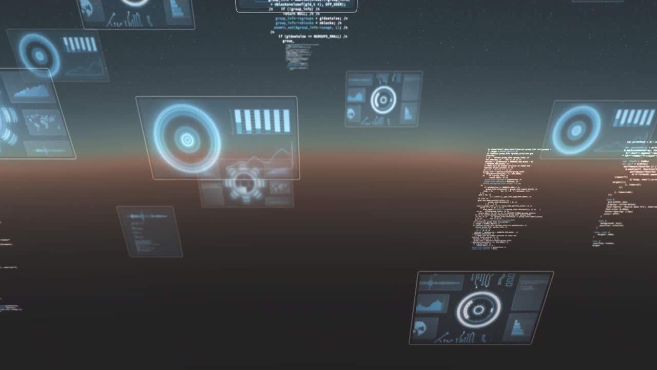 animación del procesamiento de datos y el escaneo de ámbitos en pantallas sobre fondo de gradiente