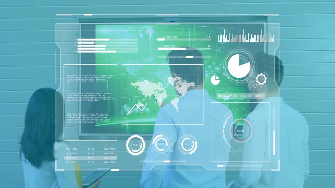 Analyzing digital data and graphs, people using transparent screen in school setting