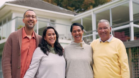 new home, couple and senior parents hug excited