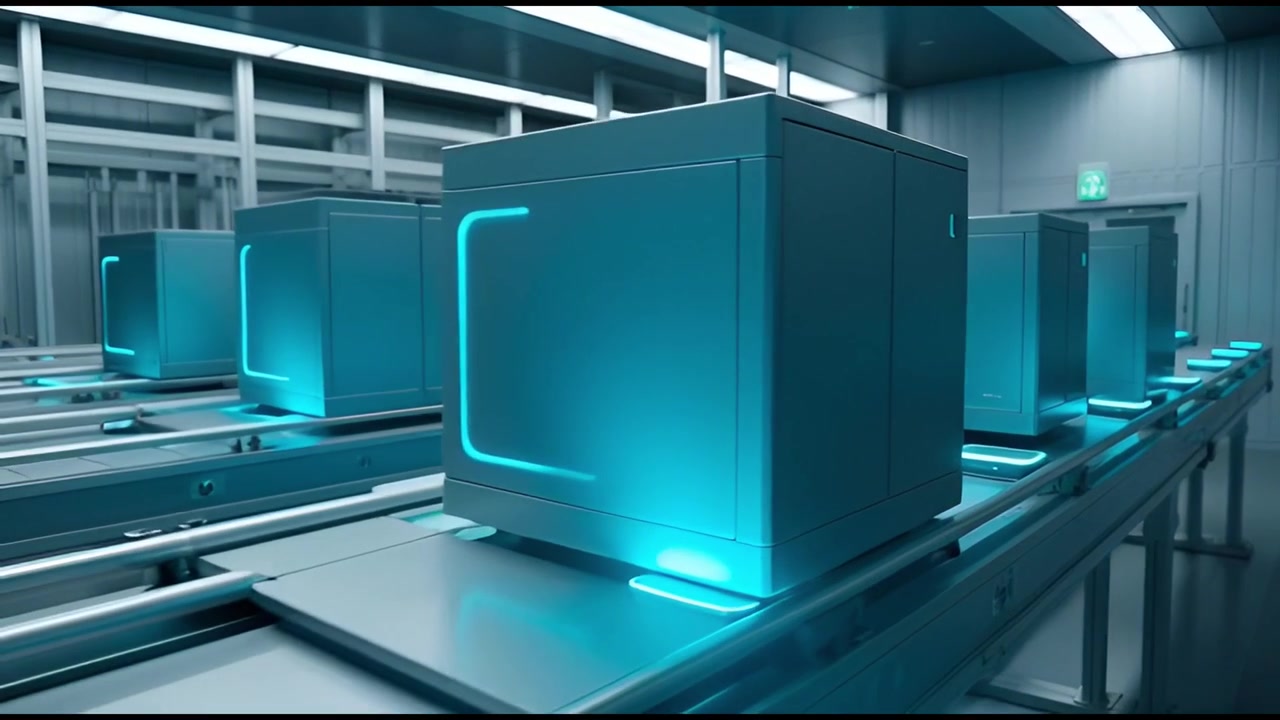 Automated Boxes Moving on Conveyor Belts in a Futuristic Factory