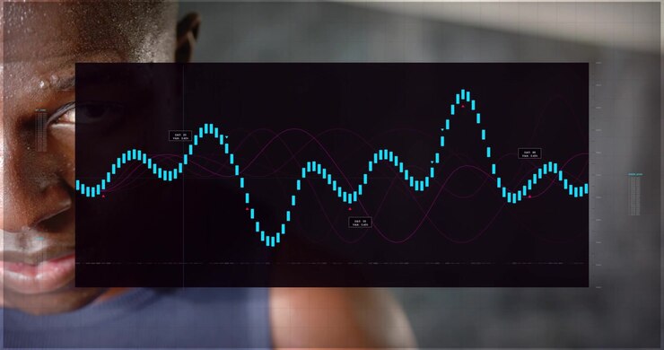 Male athlete closeup HUD appearing and animating cyan waveform tracking his heart rate for fitness