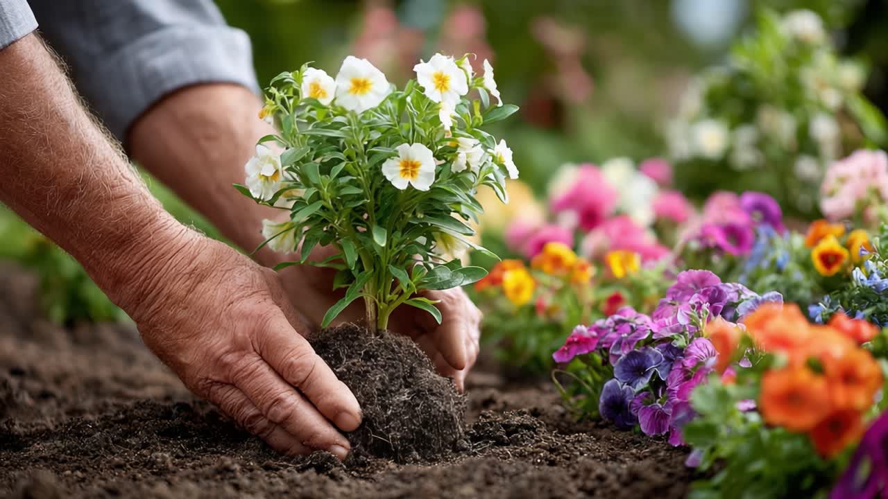 A Gardener Carefully Plants a Vibrant Flower in Bloom Amidst a Colorful Array of Blossoms, Showcasing the Beauty of Gardening and Nature's Bounty