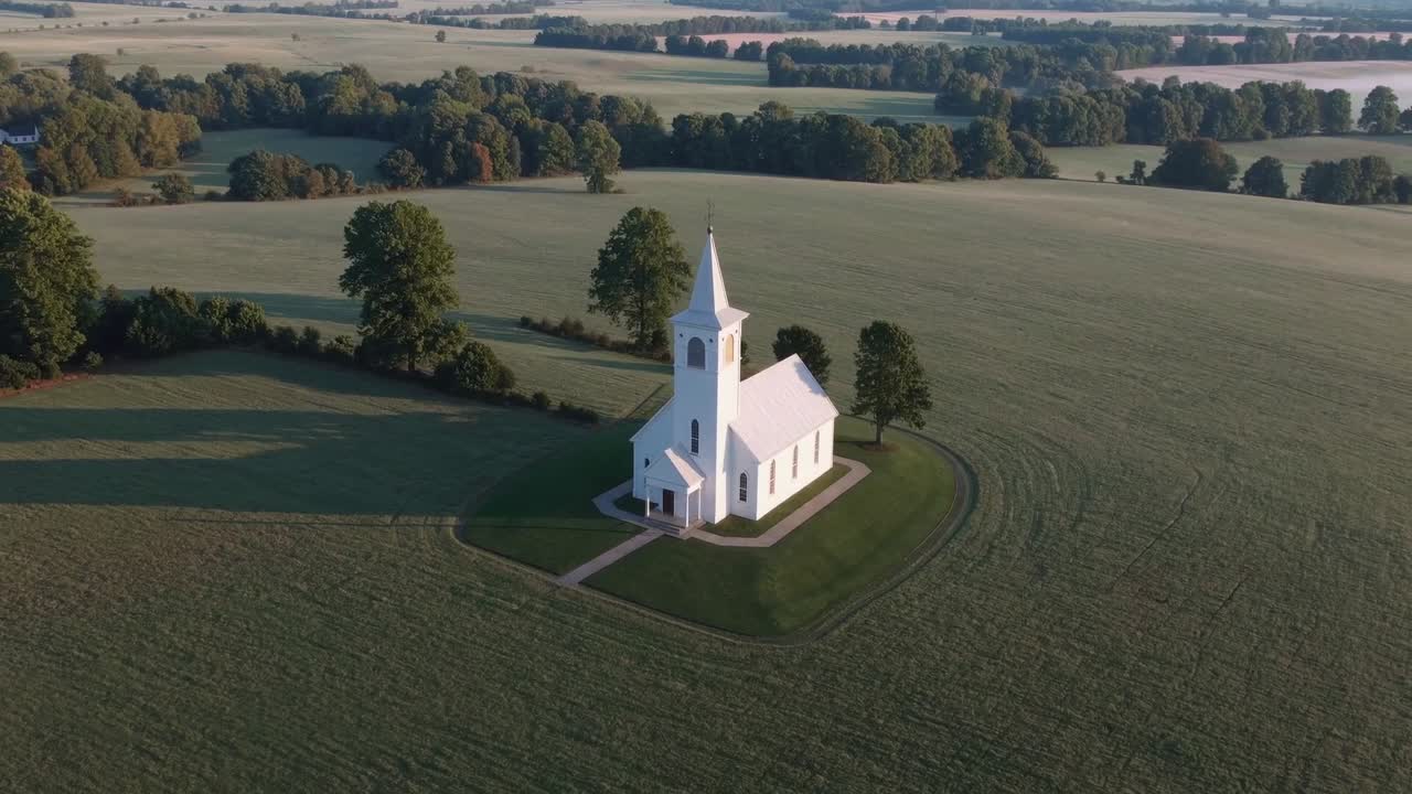 Aerial view of a charming white church surrounded by lush green fields, showcasing the serene landscape and peaceful atmosphere in a continuous motion sequence