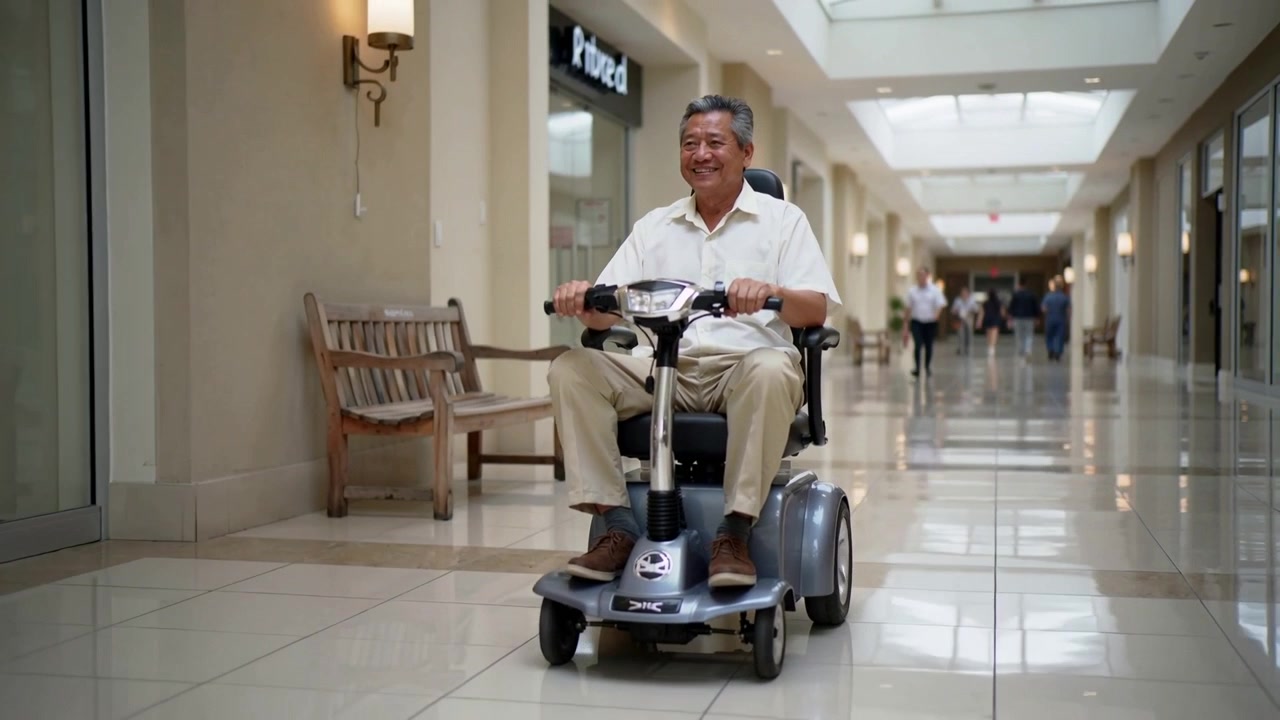 Driving senior man on mobility scooter gripping handles, smiling, moving along mall, in white shirt