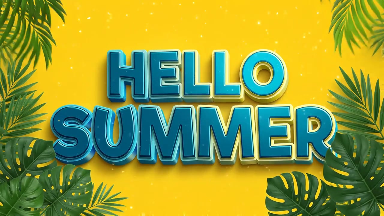 Hello Summer Seasonal Banner Animation with Blue 3D Typography and Tropical Palm Leaves Background
