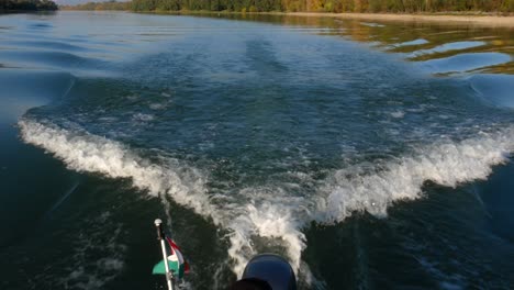 Boat-On-Danube-River,-View-From-Rear-Of-Passenger