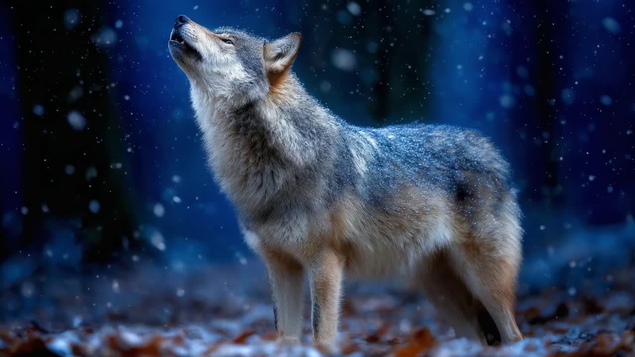 A captivating moment of a wild wolf howling under a serene snowfall, surrounded by a tranquil forest backdrop that evokes the beauty of nature in winter