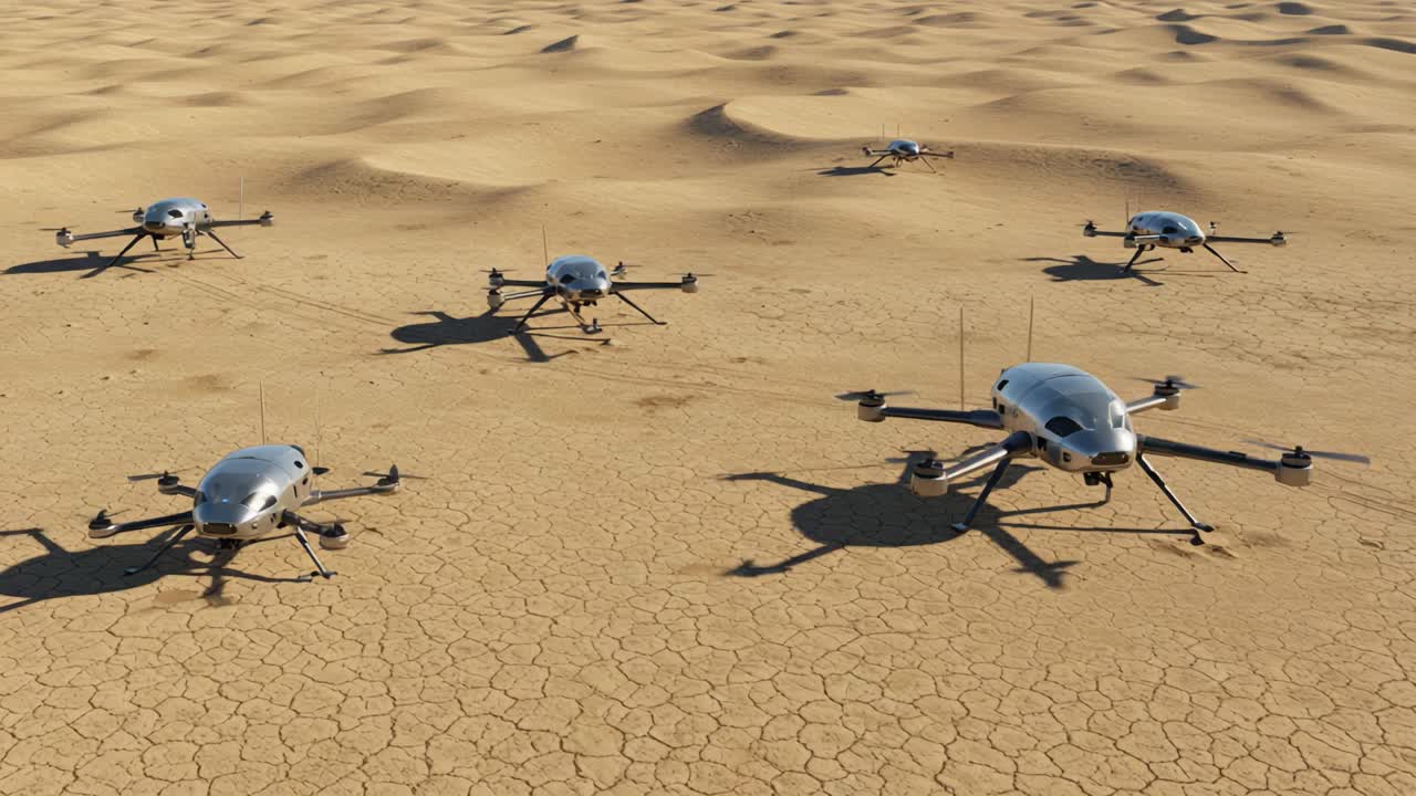 A fleet of advanced drones navigates the arid desert landscape, showcasing their sophisticated design and technology in an expansive sandy environment under clear skies
