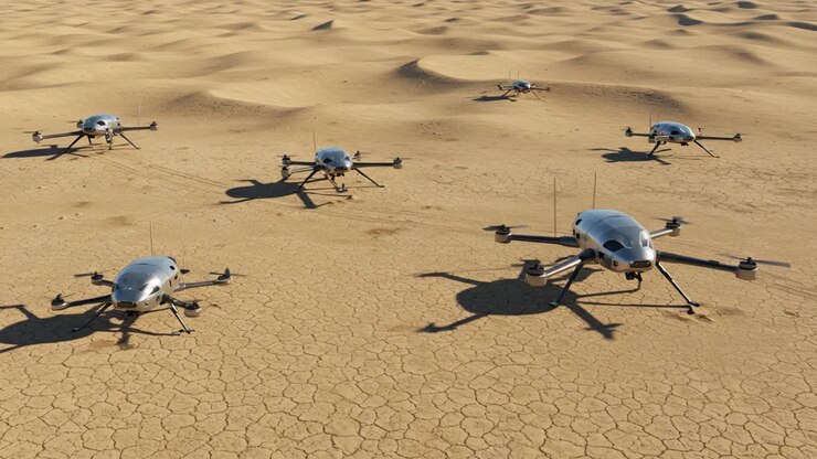 Uma frota de drones avançados navega pela paisagem desértica árida, exibindo seu design sofisticado e tecnologia em um vasto ambiente arenoso sob céus claros.