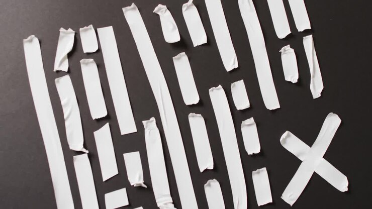 Video of close up of multiple white tapes pieces on black background