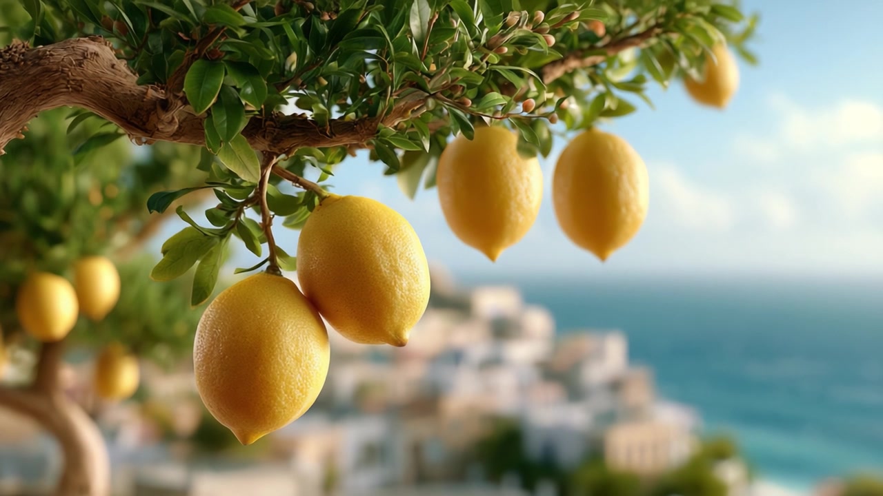 Limoni gialli vivaci appesi a un albero su uno sfondo costiero, che mostrano la bellezza della natura e la raccolta della frutta in un ambiente mozzafiato.