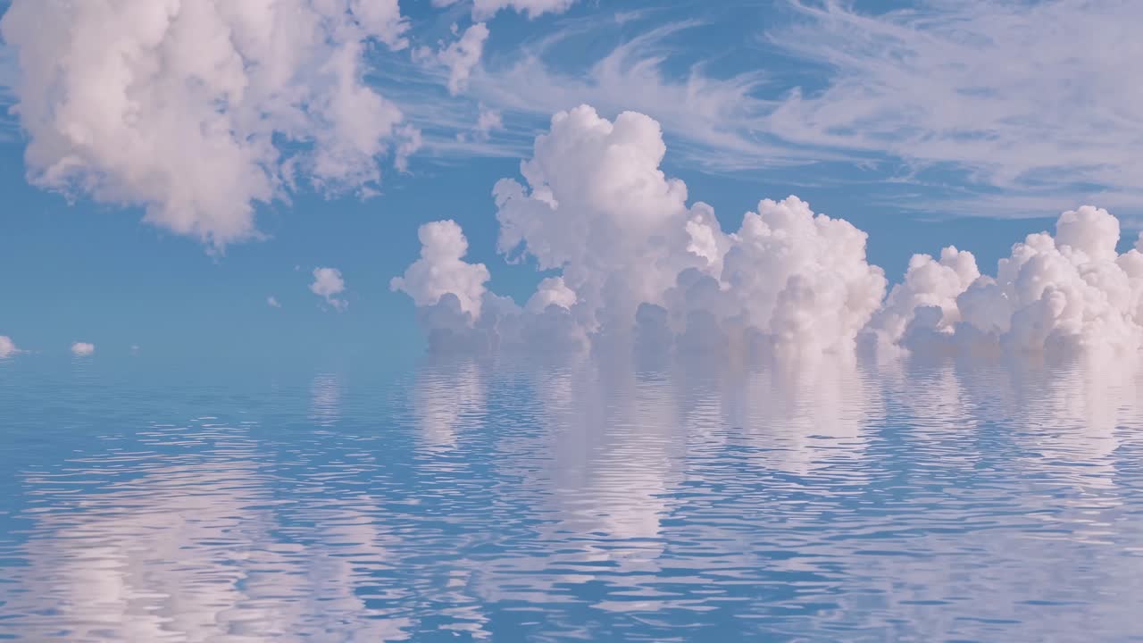 穏やかな水面に静かな雲が映り込み、静かで夢のような雰囲気を作り出す動画
