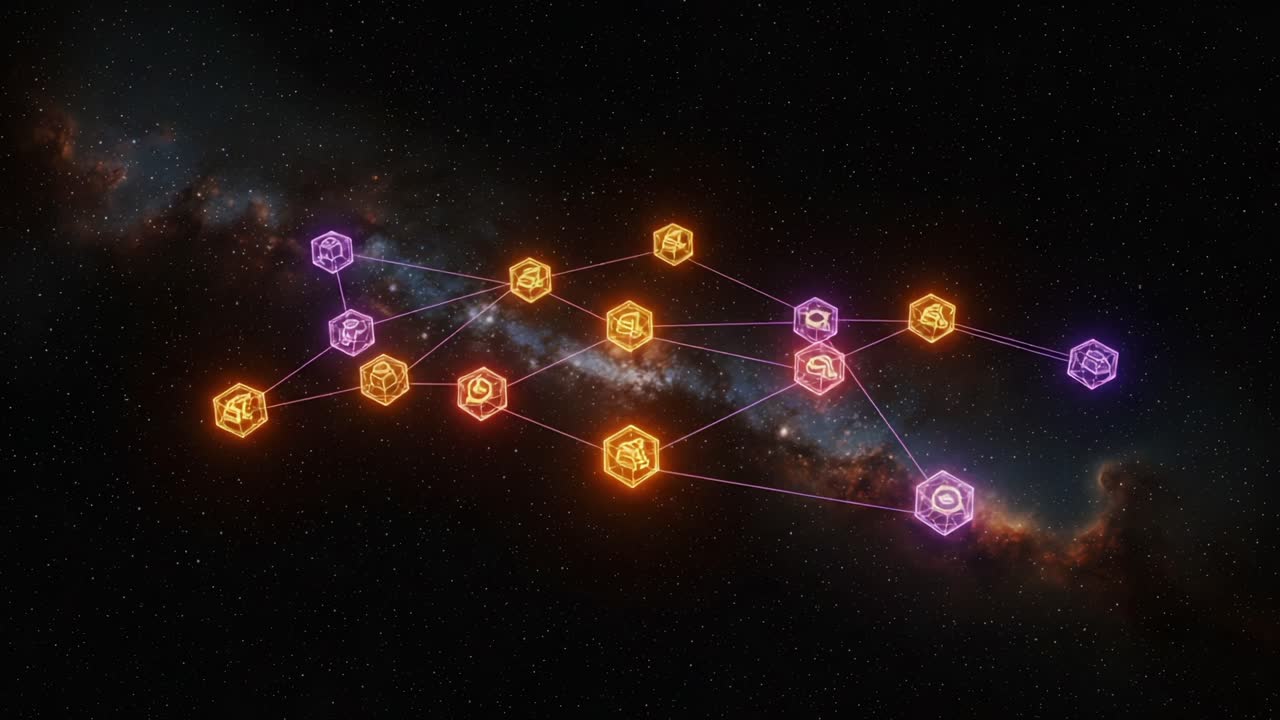 A Captivating Galactic Web of Interconnected Nodes Displaying Vibrant Colors in a Cosmic Background, Illuminating the Beauty of the Universe Through Abstract Design