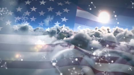 Animation-of-molecules-moving-over-american-flag-and-cloudy-sky