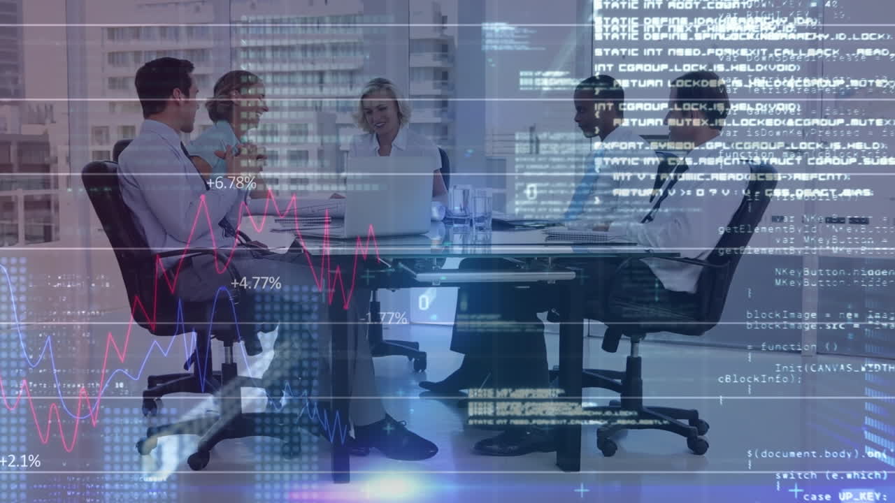 animación del procesamiento de datos financieros sobre personas de negocios durante la reunión en la oficina