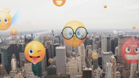 Animation-of-emoji-icons-flying-up-over-cityscape