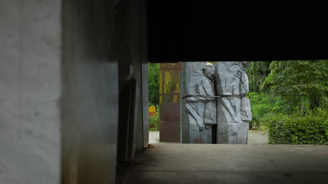 memorial monument of the Jewish deportation in Berlin. Cinematic side shot.