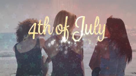 animation of 4th of july text and light spots over diverse friends at beach