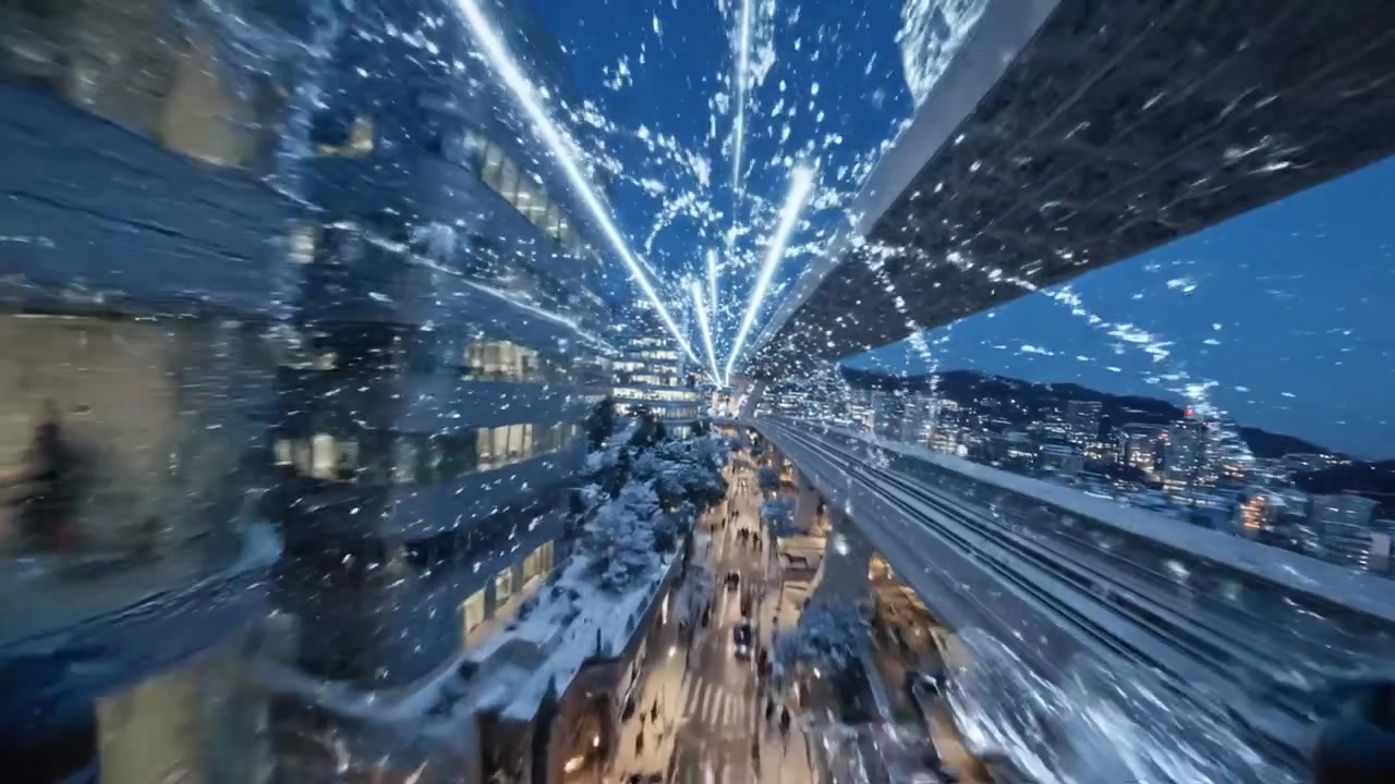 Aerial Night View of a Snow-Covered Cityscape Illuminated by Bright Laser Beams Reflecting Off Tall Buildings Under a Starry Sky in a Winter Wonderland