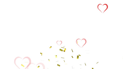 Animation-of-red-hearts-and-gold-confetti-falling-on-white-background