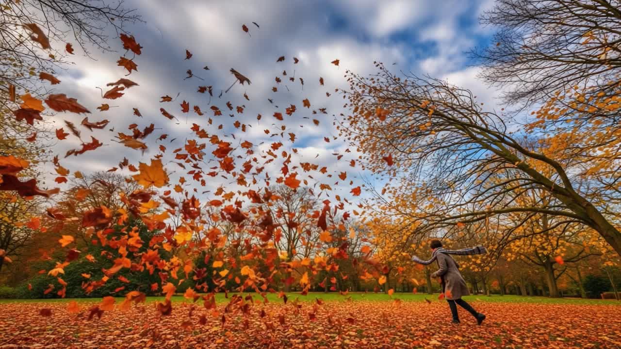 A Joyful Dance Amidst Colorful Autumn Leaves: Embracing the Beauty of Fall in a Lively Park Setting with Nature's Golden Palette Unleashed