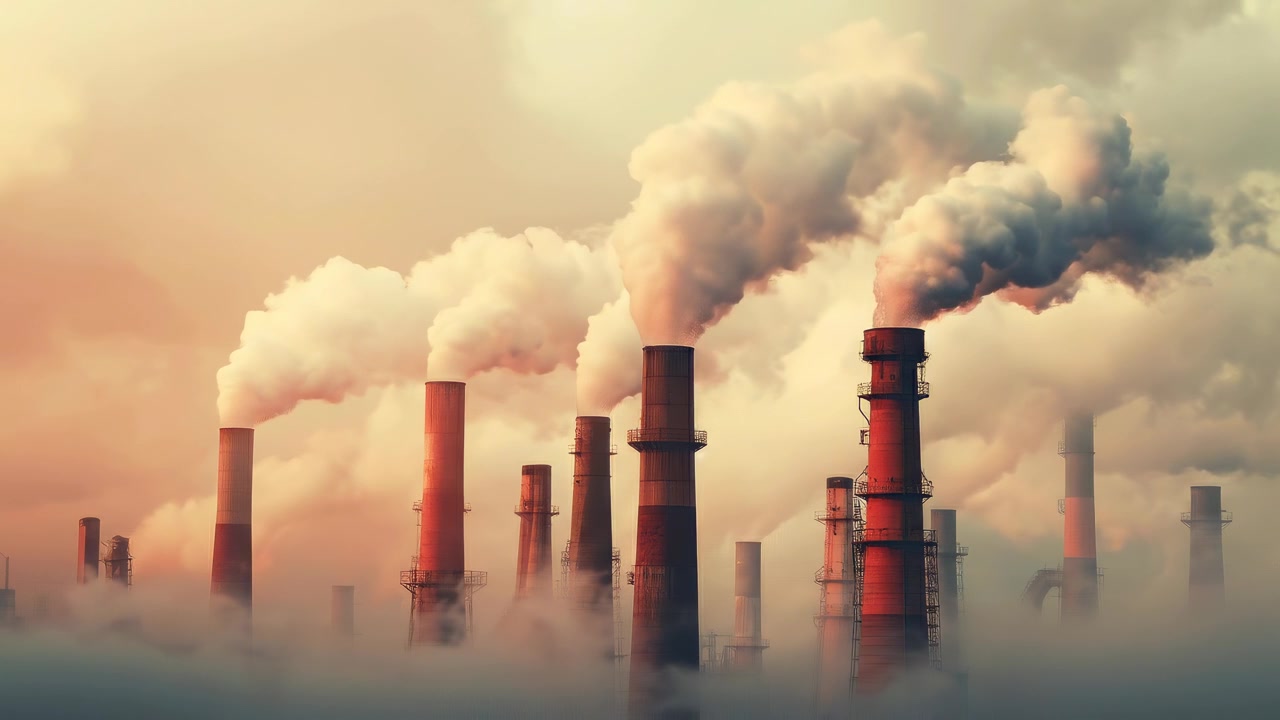 Industrial Power Plant Emitting Smoke into a Hazy Atmosphere