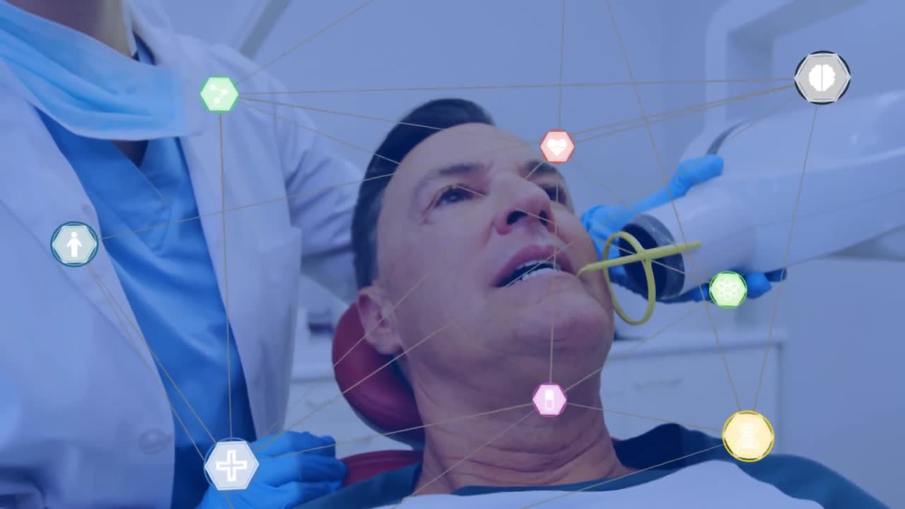 치과의사 의자 에 있는 사람 에 대한 아이콘 과 연결 된 네트워크 의 애니메이션