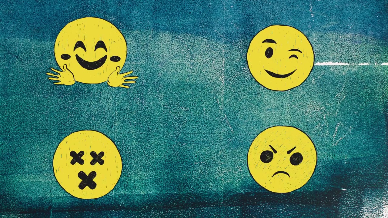 Kolekce různých žlutých emoji ikon na strukturovaném pozadí