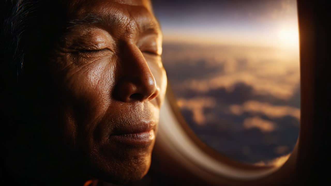 Serene Moments of Reflection at Altitude: A Tranquil Traveler Enjoying a Peaceful Journey While Overlooking Stunning Cloudscapes and a Colorful Sunset from an Airplane Window