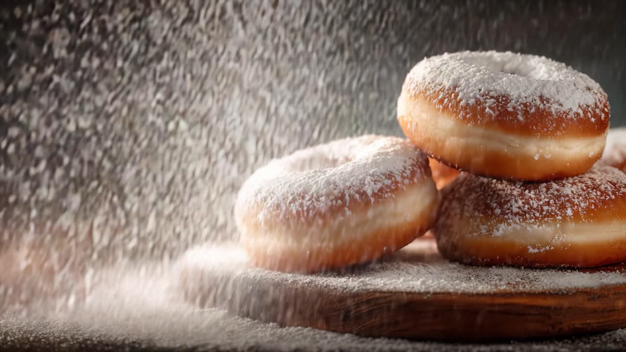 Köstlich weiche, mit Puderzucker bedeckte Donuts auf einem rustikalen Holzbrett, die in einer leichten Zuckerschicht schimmern und ein verlockendes Dessert-Erlebnis bieten.