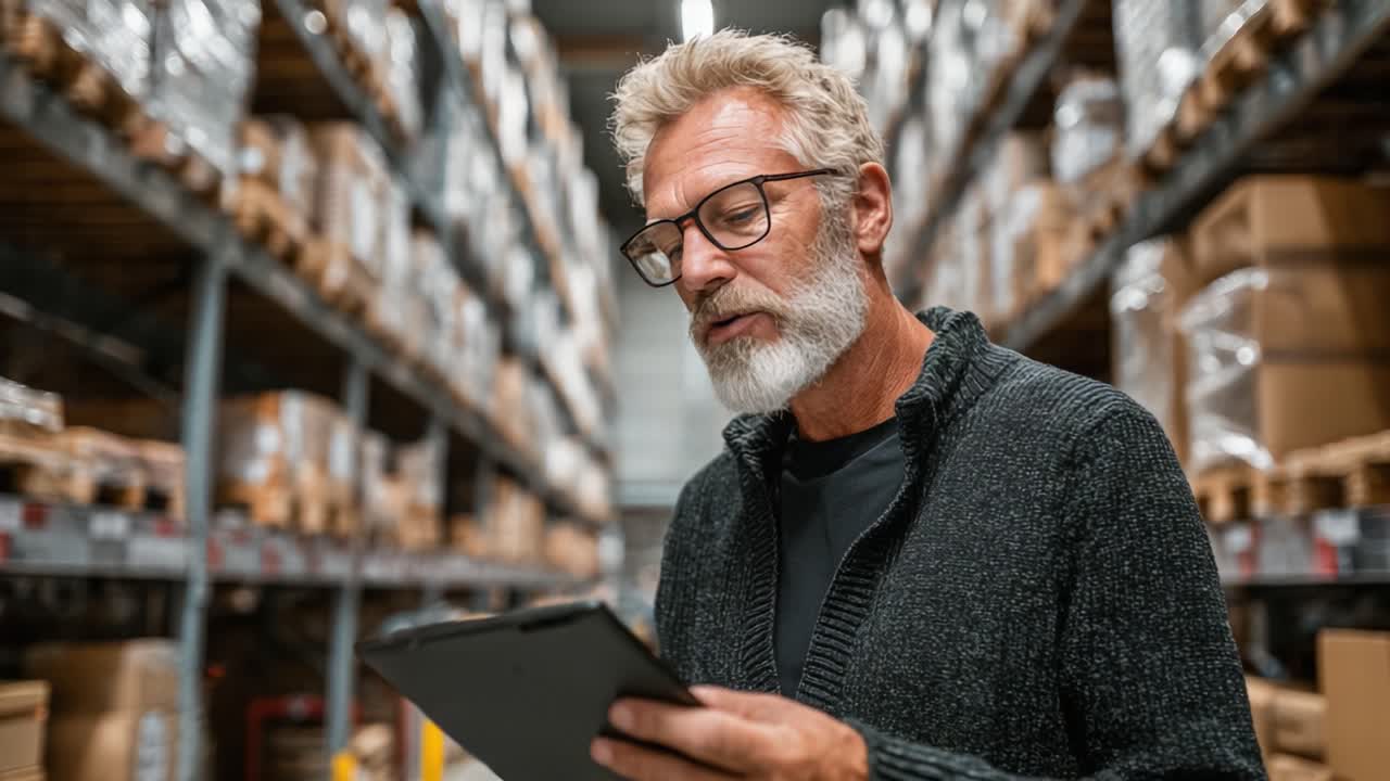 A Thoughtful Elderly Man Carefully Reviewing Inventory on a Tablet in a Well-Stocked Warehouse Aisle, Reflecting Modern Logistics and Management Practices
