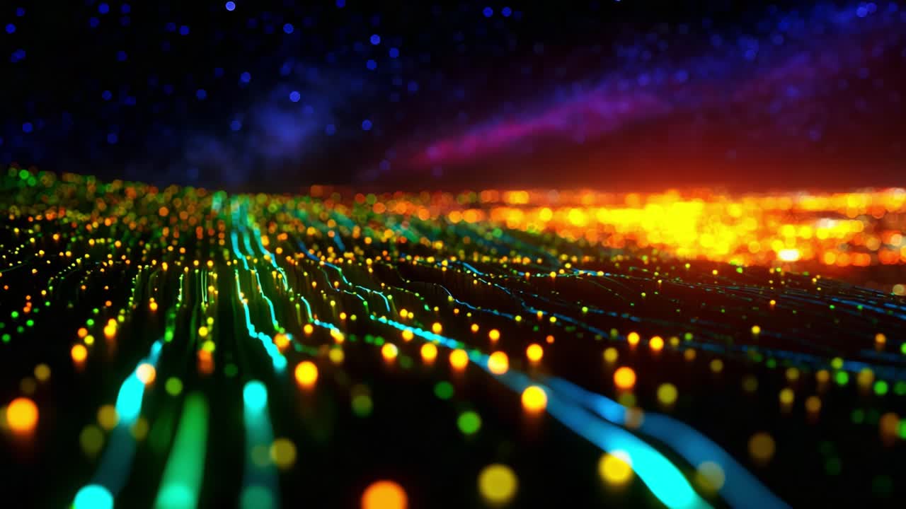 A Stunning Visual Presentation of a Vibrant, Dynamic Landscape Filled with Glowing Lights and Streams of Color that Evoke a Sense of Motion and Depth in an Otherworldly Environment