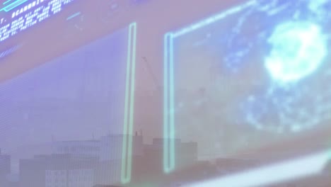 animación de la interfaz con el procesamiento de datos frente a una vista aérea del paisaje urbano