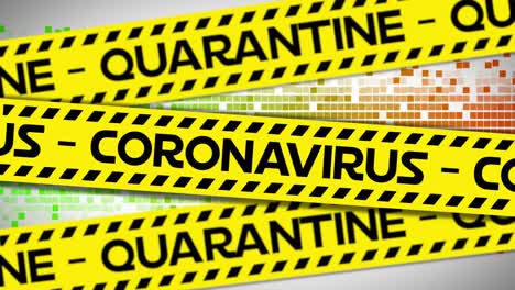 animación del texto de advertencia de cuarentena de coronavirus en cinta de peligro amarilla, sobre píxeles móviles de colores