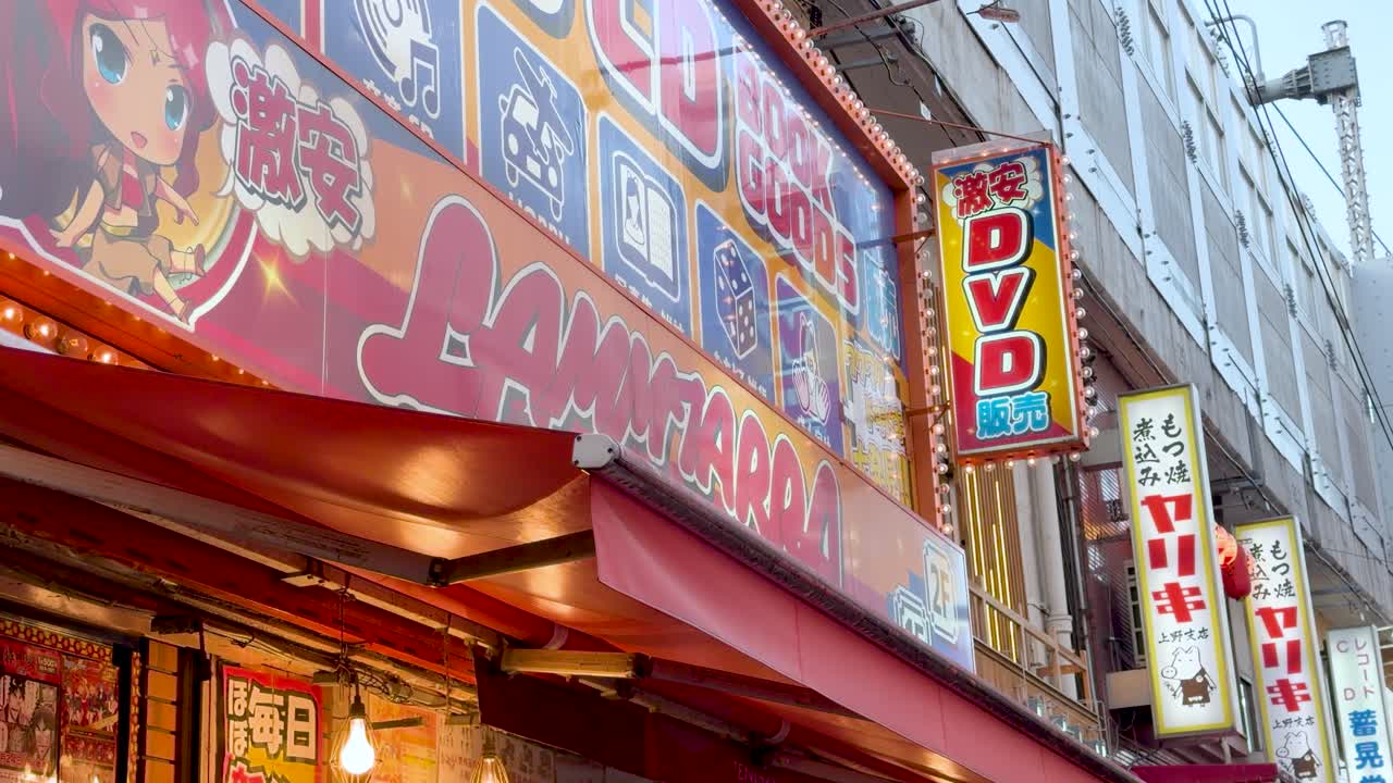 Lavvinkelbillede af farverige japanske butiksskilte og reklamer med animefigurer i Ueno-distriktet.