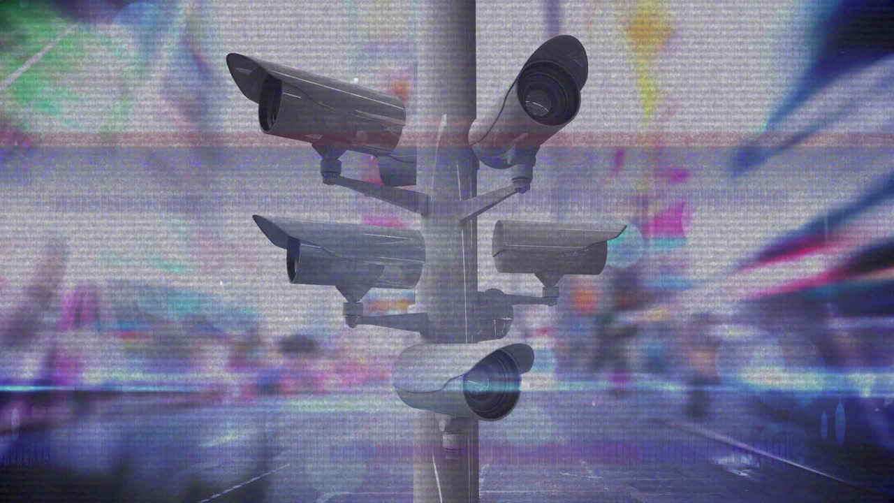 Animation of surveillance camera with city in background