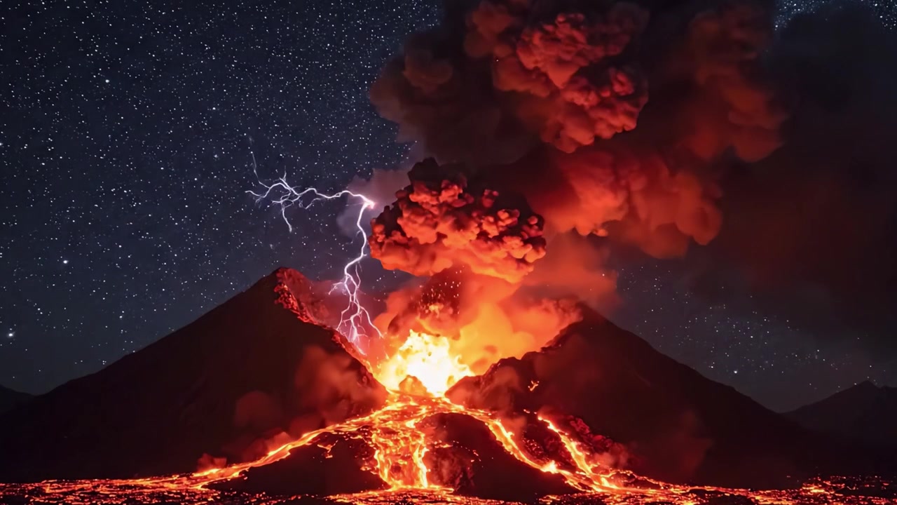 Uma Exibição Deslumbrante do Poder da Natureza: Um Vulcão em Erupção Ilumina o Céu Noturno com Lava Ardente e Fumaça Dramática Contra um Cenário de Céus Estrelados