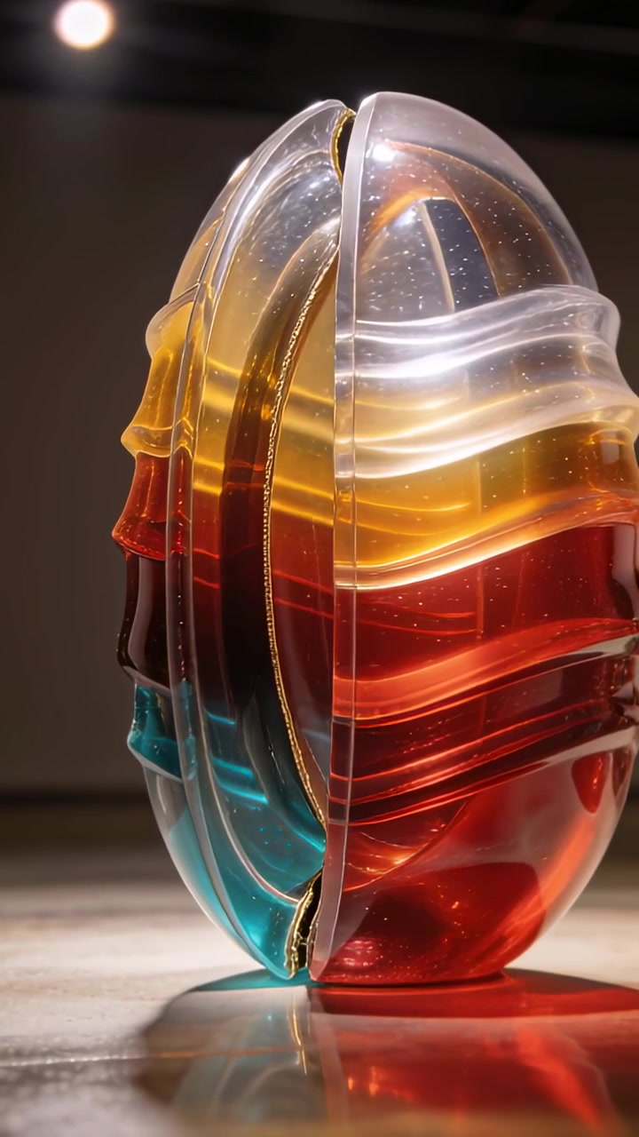 Vertical video: Rotating camera nudging glass ovoid halves closing in gallery revealing gold seam