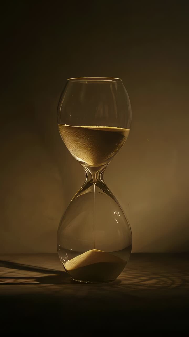 Vertical video: Starting tan sand flow, clear glass hourglass counting time on tabletop, warm light