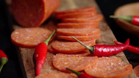 cut into pieces salami with chilli pepper slowly rotate.