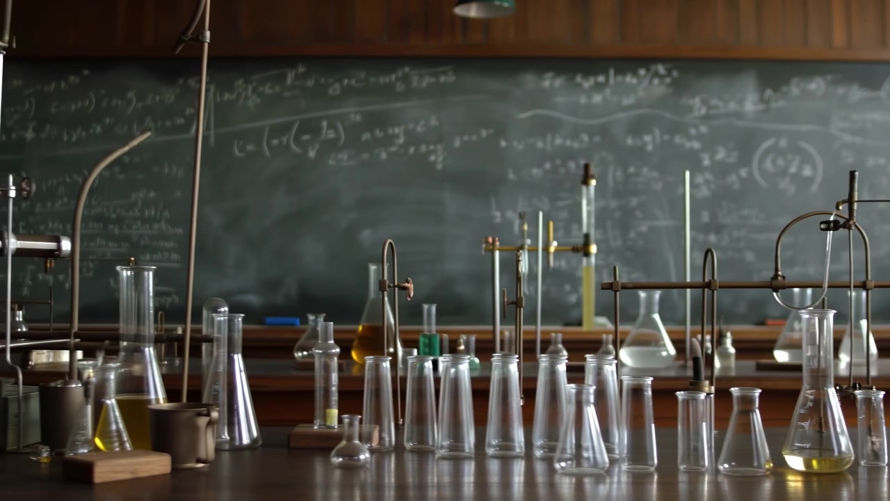 Chemický laboratorní stůl se skleněným nádobím a tabulí, řady baněk a kádinek na dřevěné desce, mosazná svorka.