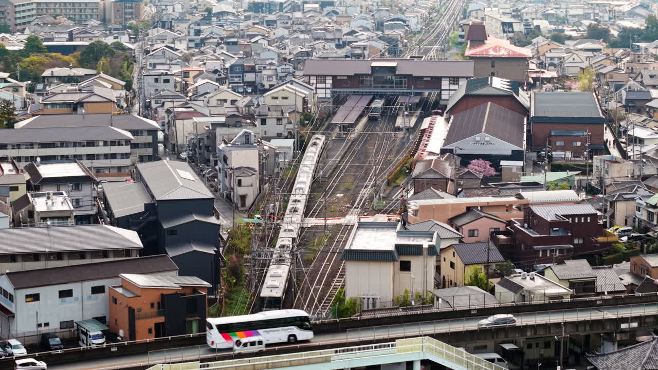 Aerial drone view of the Arashiyama district in Kyoto Japan in daylight