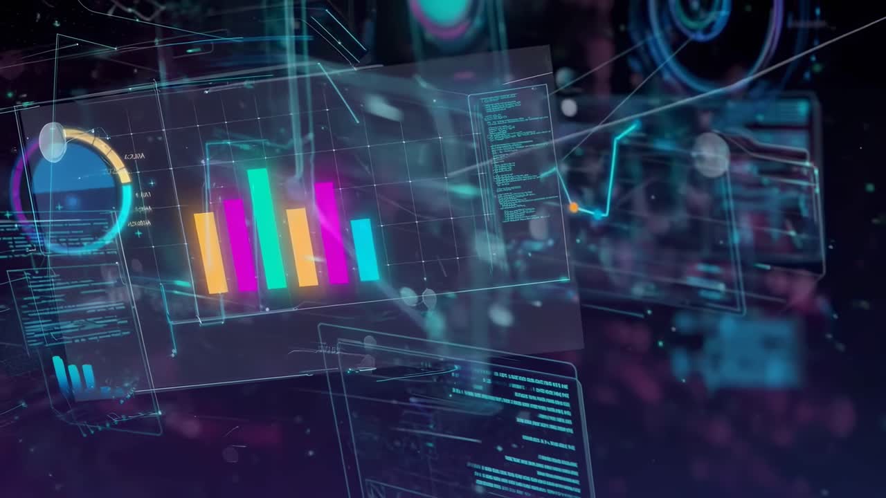 Futuristic video concept with digital graphs, angled view, holographic tech style