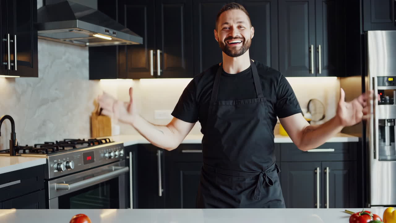 chef feliz en la cocina moderna